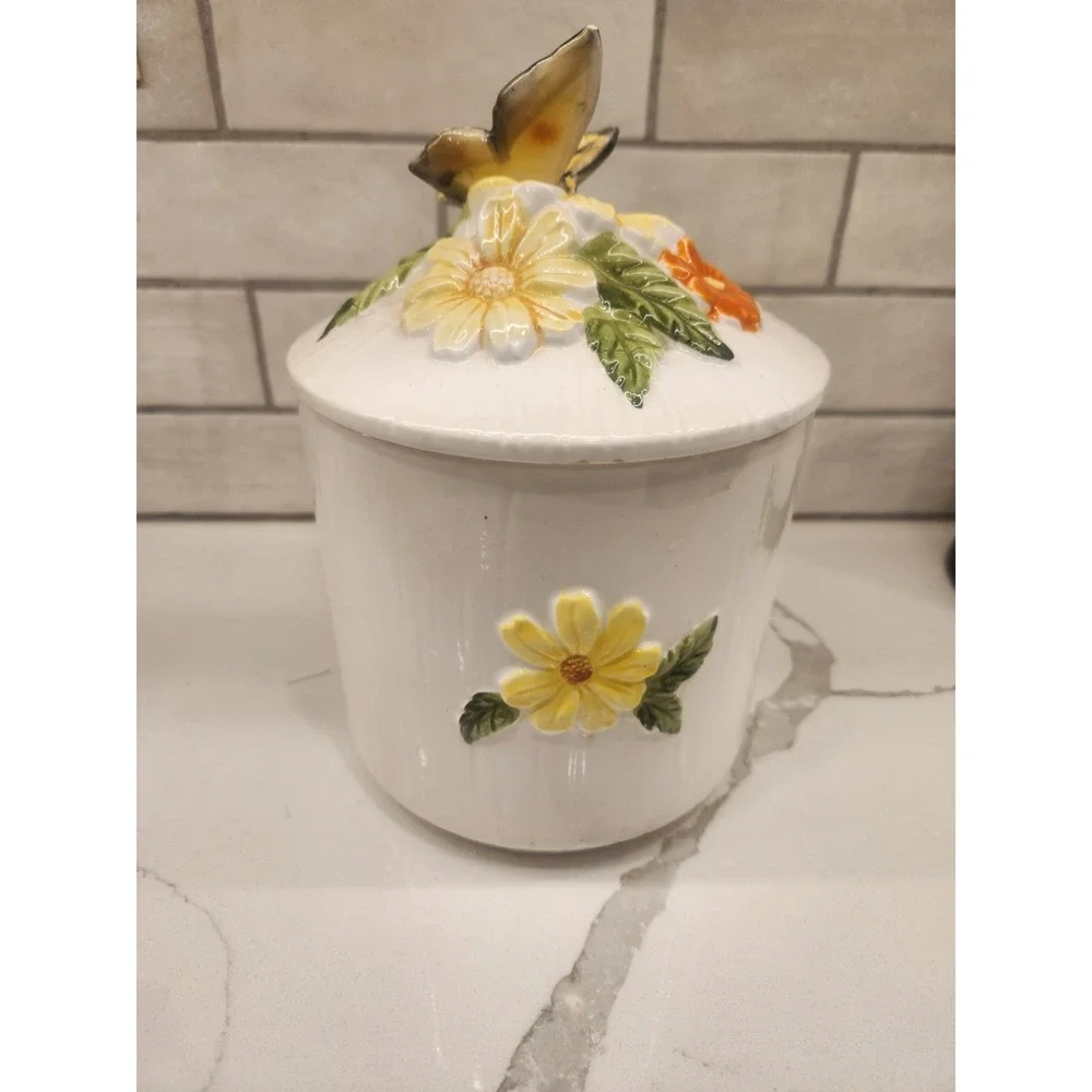 Vintage 3D Butterfly Kitchen Canister Storage Jar Floral Cottagecore Lidded